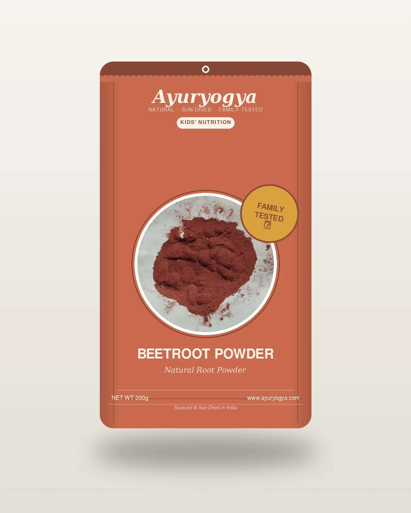 Ayuryogya Beetroot Powder pouch packaging with a window showing the raw beetroot powder