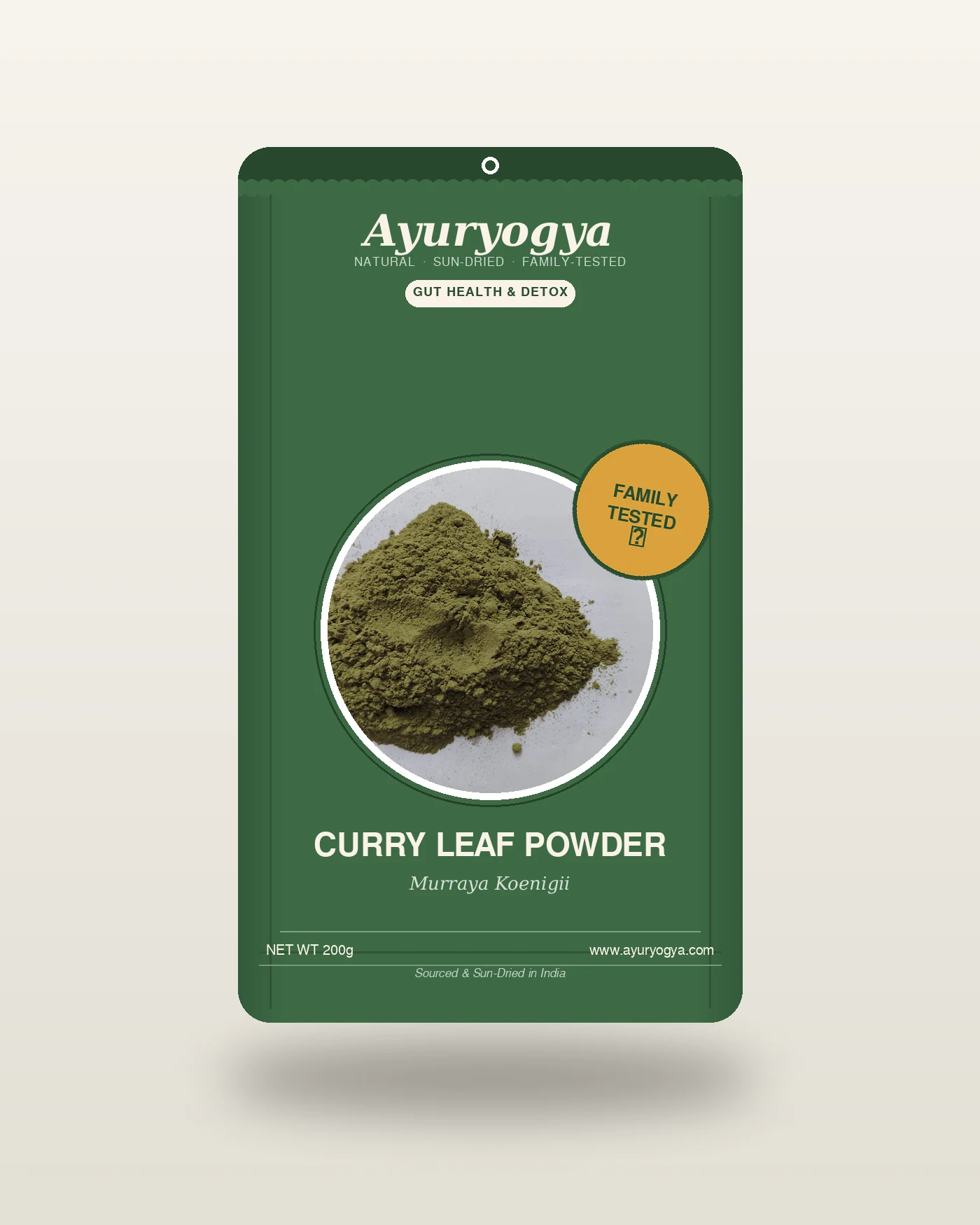 Ayuryogya Curry Leaf Powder pouch packaging with a window showing the raw curry leaf powder