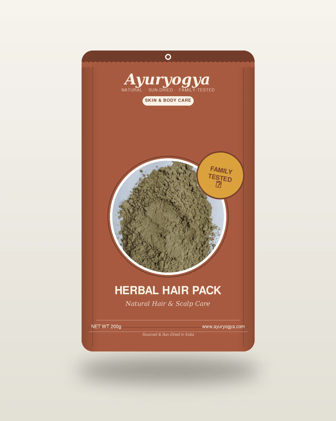 Ayuryogya Herbal Hair Pack pouch packaging with a window showing the raw herbal hair pack powder