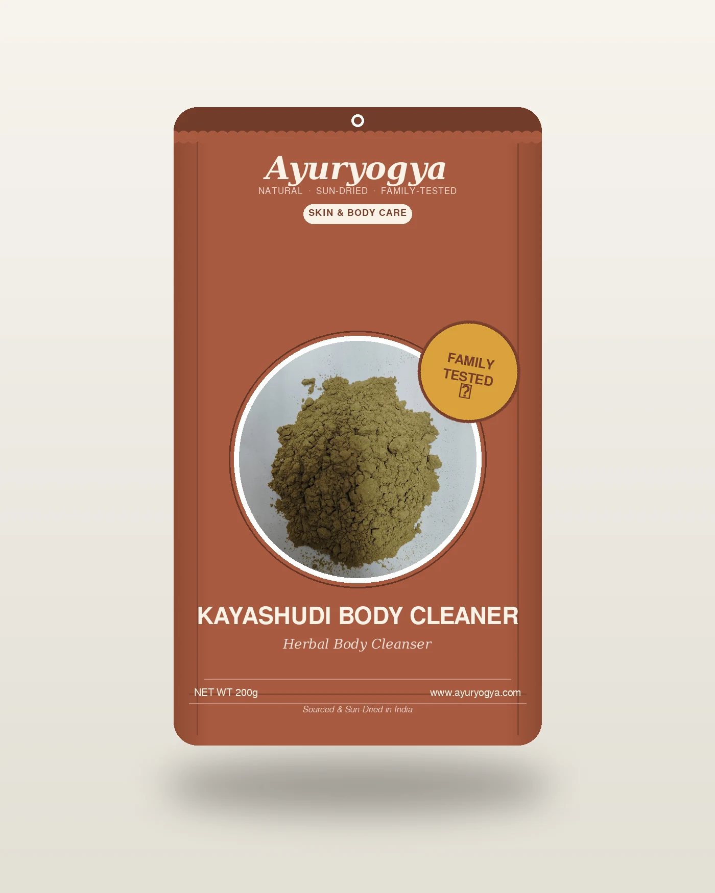 Ayuryogya Kayashudi Body Cleaner pouch packaging with a window showing the raw herbal body cleanser powder